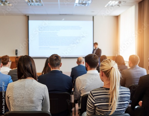 Group of People Meet During Education Session. Students Listen to Teacher's Presentation During Seminar at Speaker Development Meeting. University Classroom Presenter to Graduate Students. MBA Phd