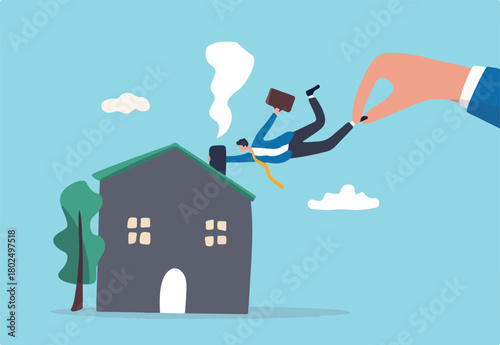 Company request employee back to work in the office in post pandemic, stop work from home concept, big boss hand pulling employee from home back to work in office. 