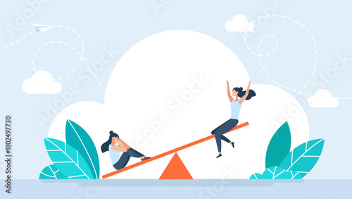 Emotional swing. Mood swings. Emotional balance. Psychology disorder, stress, anxiety, crisis. Bipolar emotion. Emotions change. Woman feels psychology disorder, mental problem. Vector illustration