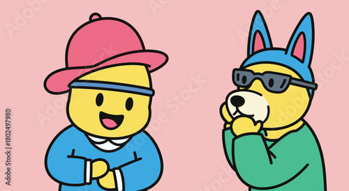 Playful cartoon characters with colorful outfits and accessories on pink background