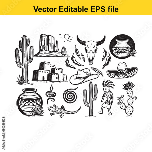 Collection of black and white handdrawn elements representing the american southwest, including cacti, buildings, and skull
