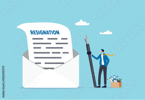 Professional write resignation letter to quit job or inform to leave company, change new job or notify boss, manager of dismissal concept, businessman professional with pen writing resignation email.