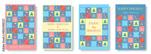 A festive set of pink and blue mosaic posters for Christmas and New Year's decor