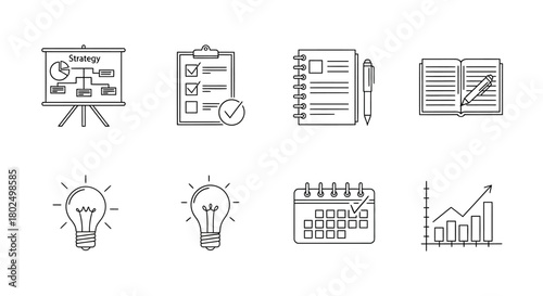 Business and strategy icons: planning, innovation, and productivity line art