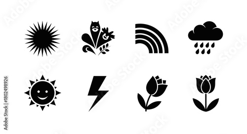 Minimalist black silhouette icons of nature and weather elements