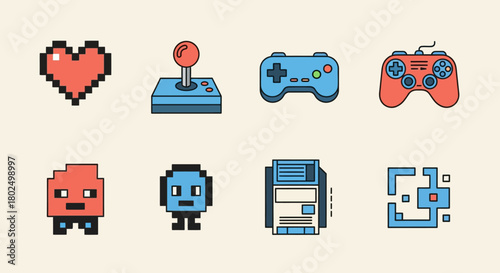 Retro gaming icons set featuring pixel art style with joystick and game elements