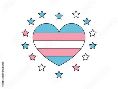 Transgender pride heart surrounded by stars on a white background