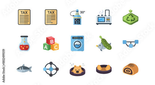 Colorful flat icons set with tax documents, recycling symbols, and kitchen appliances