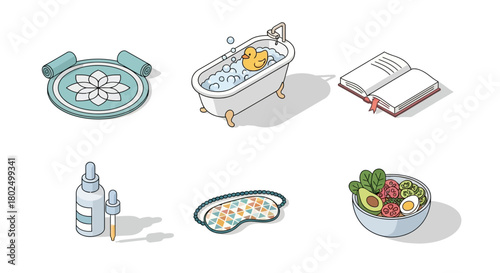 Wellness essentials: yoga, bath, reading, skincare, sleep, and healthy eating in isometric design