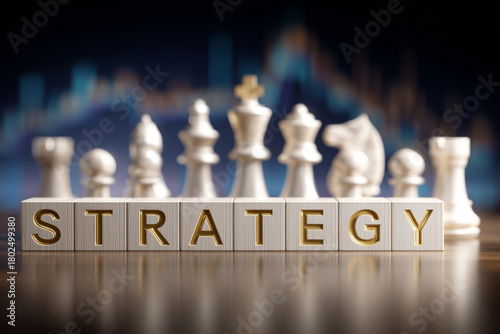 Chess pieces are aligned strategically with focus on a block displaying the word 'strategy', symbolizing decision-making in finance and investment analysis