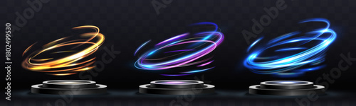 Glowing neon swirling light trails above dark podiums for award ceremony, premium presentation and futuristic showcase.
