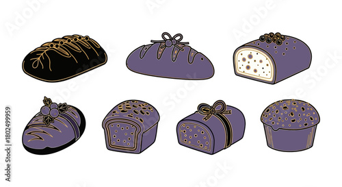 Stylized bakery treats: artistic loaves and muffins with elegant design