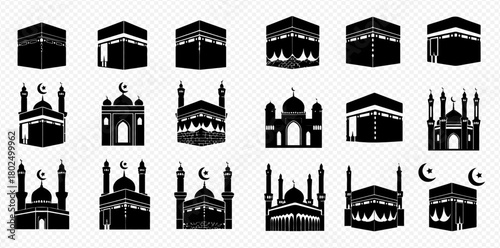 A collection of black and white illustrations of the Kaaba and mosques, representing Islamic architecture and religious symbols.