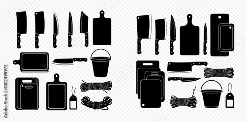 Silhouetted kitchenware: knives, cutting boards, bucket, and rope on a transparent background.
