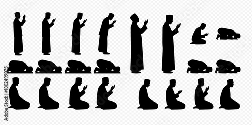 Silhouettes of people in various stages of Muslim prayer, showing different postures and positions.