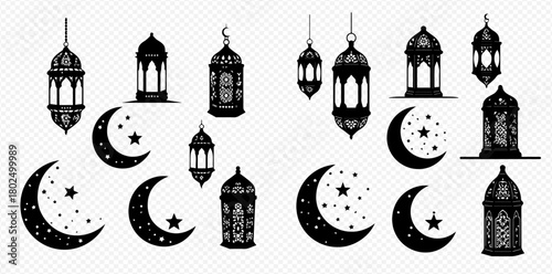 Ramadan lanterns and crescent moons with stars in black and white.