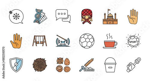 Diverse icon set featuring communication, sports, travel, and leisure elements in line art style