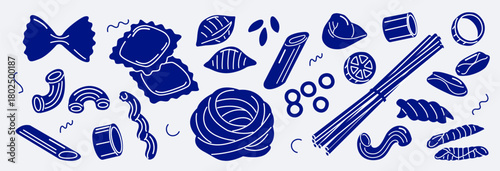 Italian pasta shapes illustrated in a flat colorful style. Includes spaghetti, fusilli, penne, farfalle, ravioli, rigatoni and other noodle types. 