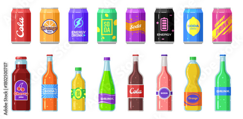 Variety of colorful soda and juice bottles and cans on white background