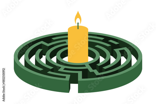 A lit candle stands in the center of a circular maze on a white background.