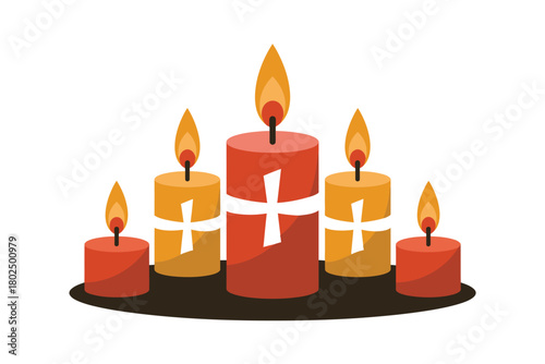 Five lit candles stand on a dark circular base.