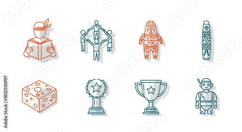 Native culture and achievement icons in modern linear design