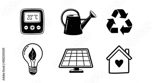 Eco-friendly home gadgets and energy solutions in black and white set