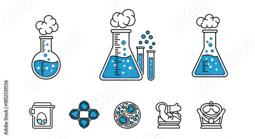 Colorful linear chemistry icons with laboratory elements and science equipment