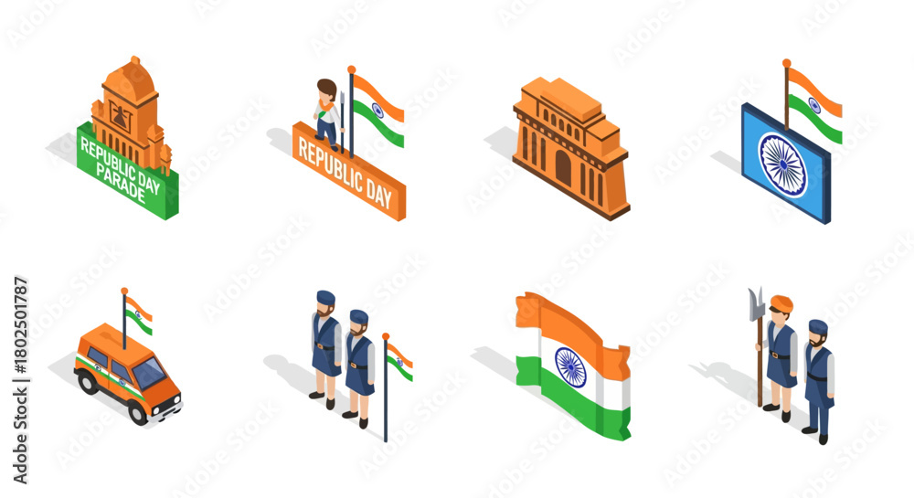 Fototapeta premium Republic day isometric icons featuring parade, monuments, and national flags