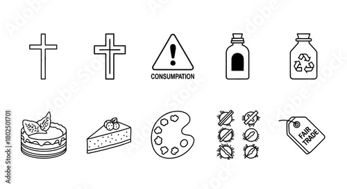 Minimalist icon set: religion, safety, recycling, food, art, fair trade