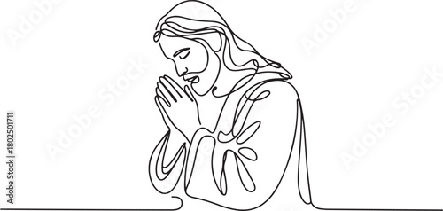 Jesus Christ praying, drawn with one continuous line. Christian symbol of Easter and Christmas in a simple line style. one line Icon drawing with white background