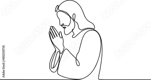 Jesus Christ praying, drawn with one continuous line. Christian symbol of Easter and Christmas in a simple line style. one line Icon drawing with white background
