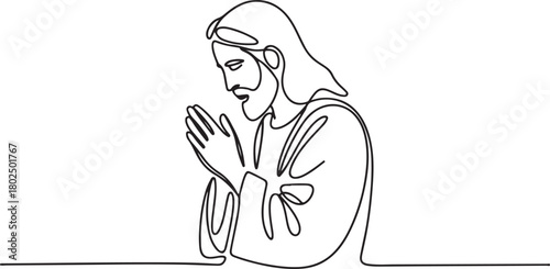 Jesus Christ praying, drawn with one continuous line. Christian symbol of Easter and Christmas in a simple line style. one line Icon drawing with white background
