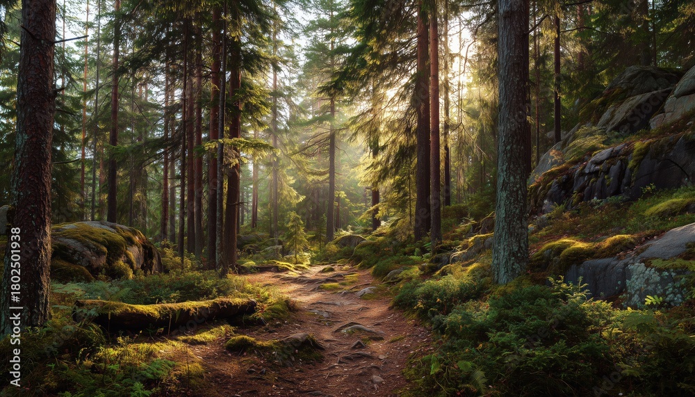 Fototapeta premium Exploring The Enchanting Evergreen Forests Of Finland: A Magical Journey Through The Hills With Pine, Spruce Trees, Moss, And Plants, Bathed In Soft Golden Sunlight