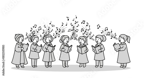 Diverse group of singing children with musical notes in monochrome style