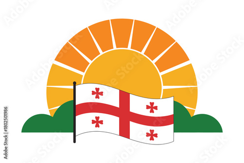 Georgian flag waves in front of a rising sun behind green hills.