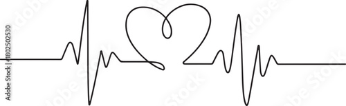 Heart beat one line. Continuous lines heart beats drawing. Wave pulse. Hand draw heartbeat. Design heartbeat for print. one line Icon drawing with white background