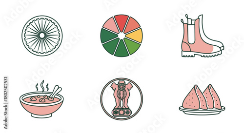 Elements of india icon set: foods, ashoka, charkha, and footwear