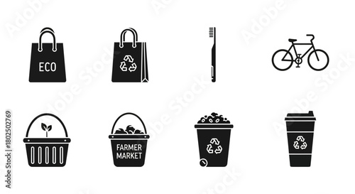 Eco-friendly icons set featuring reusable bags, recycling, bike, and coffee cup in minimal silhouette style