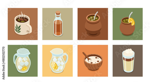 Beverage collection: hot drinks, cold infusions, and refreshing juices in flat design