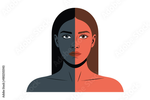 A person's face is split in half with contrasting dark and light colors.