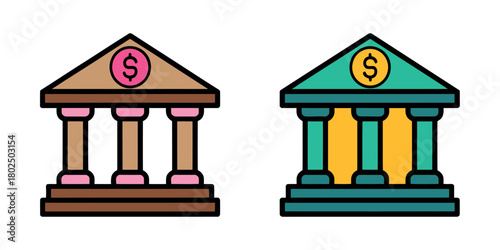 Two colorful bank buildings with dollar signs symbolize financial services and wealth.