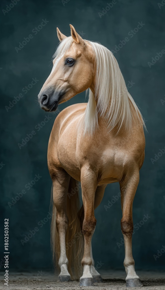 Obraz premium Elegant Palomino Horse with Silky Mane on Dark Green Background