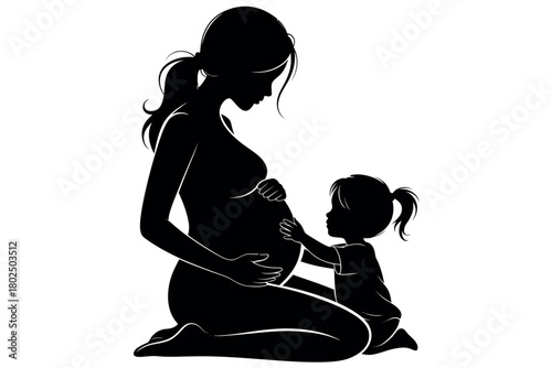 Loving mother's silhouette cradles pregnant belly while child gently touches it, anticipating new life.