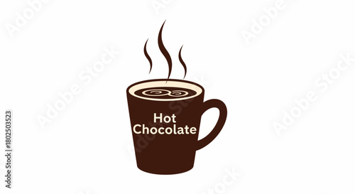 Warm steaming cup with hot chocolate text on simple brown mug design