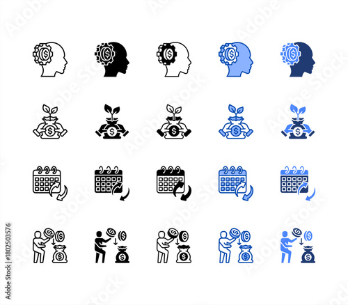 Mindset, Investing, Discipline, Financial freedom multiple style icon set.