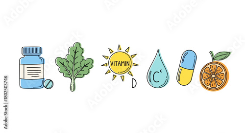 Essential vitamins and nutrients symbols in modern linear style