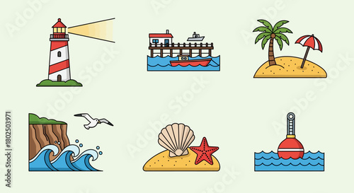 Nautical icons set featuring lighthouse and beach elements in flat design