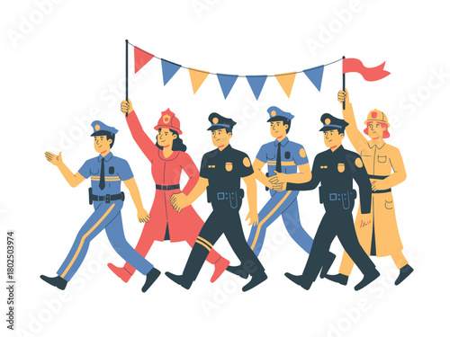 A group of people in uniform marching in a parade under a banner