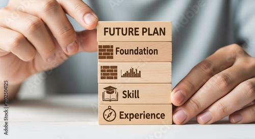 Hand holding wooden block with future plan, foundation, skill and experience